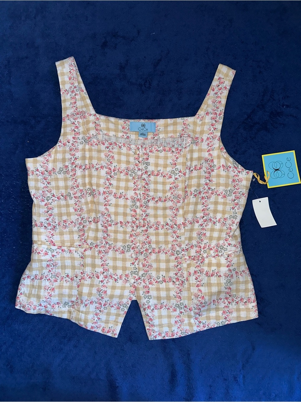 CeCe Gingham Floral Button Front Rayon Linen Blend Tank Top Blouse Large L NWT